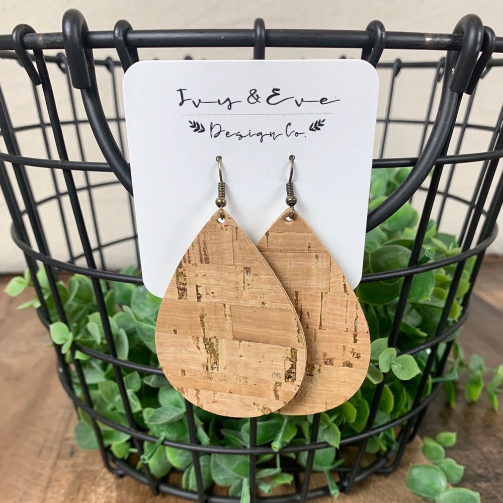 Genuine Leather Gold Cork Earrings